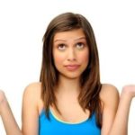 Young woman in a blue tank top shrugging, illustrating confusion about choosing a water softener for hard water issues.