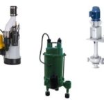 Three pumps: yellow motor, green submersible, and blue device for B&L Plumbing's sump pump installations.