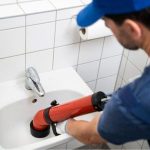 A person using a red plumbing tool on a sink with plumbing components, representing B&L Plumbing's drain cleaning services.