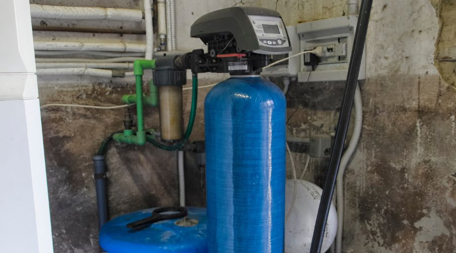 Water softener system in residential setting, featuring a blue tank and control unit, illustrating solutions for hard water issues related to plumbing and appliance maintenance.